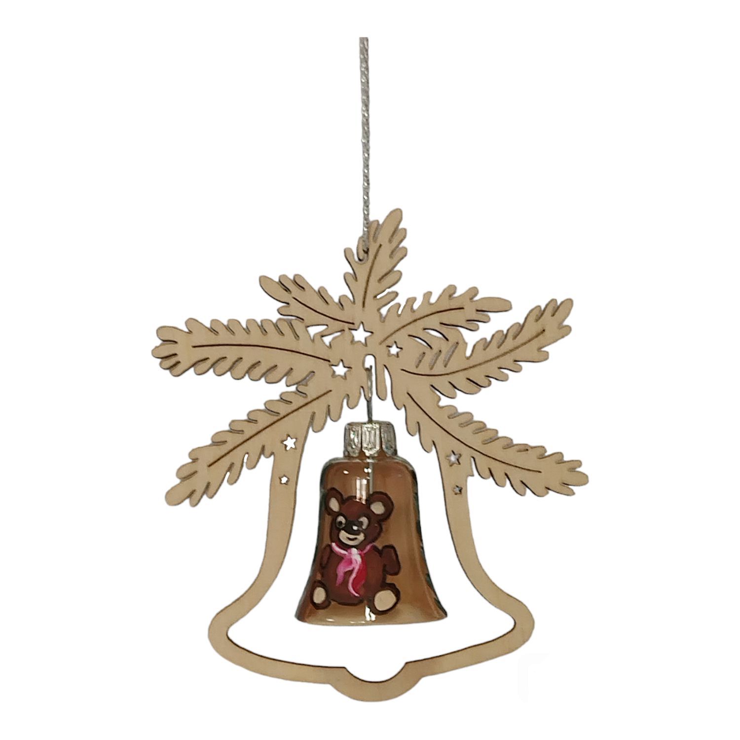 Tree hanging glass ball teddy bear, in bell