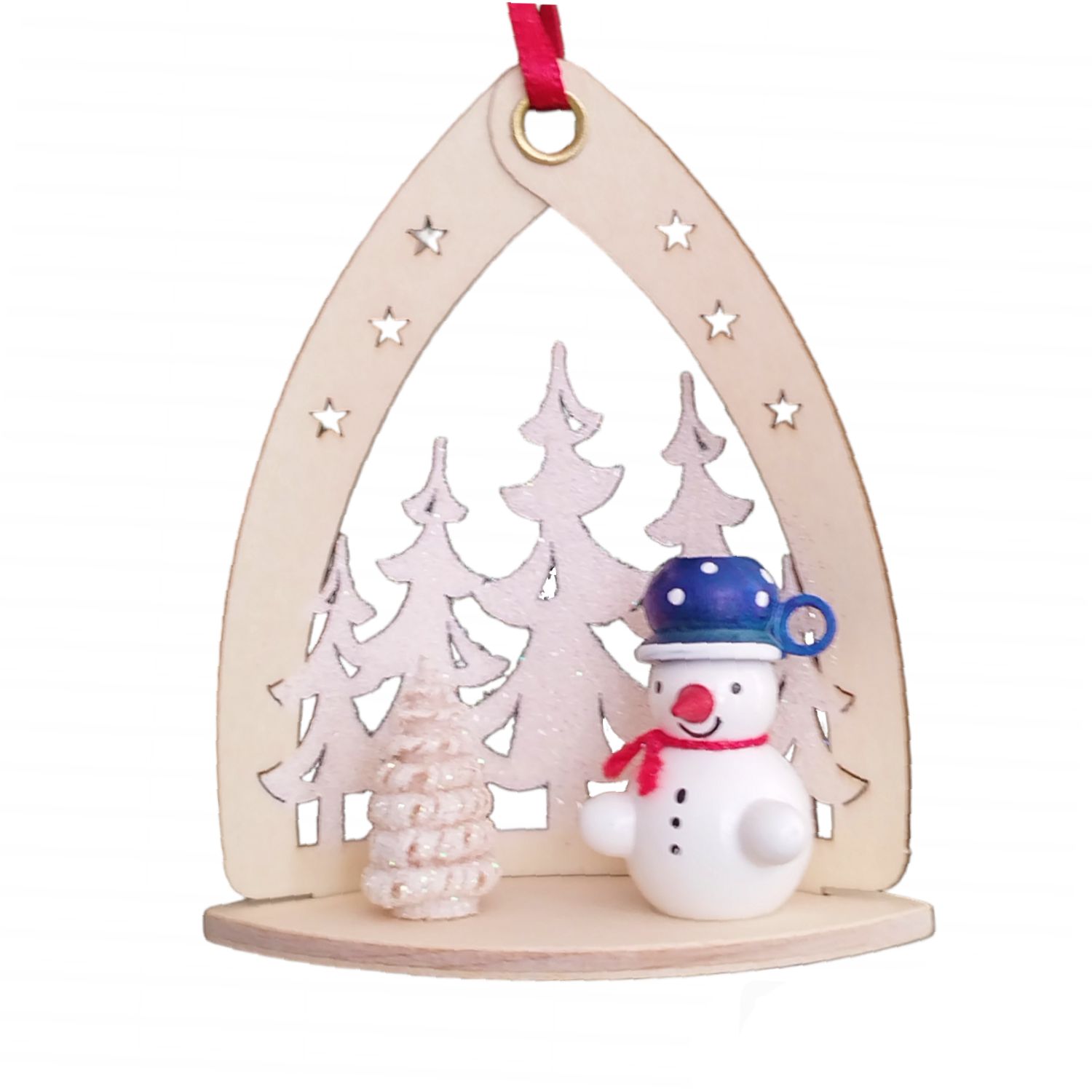 Tree hanging snowman in front of winter forest, blue