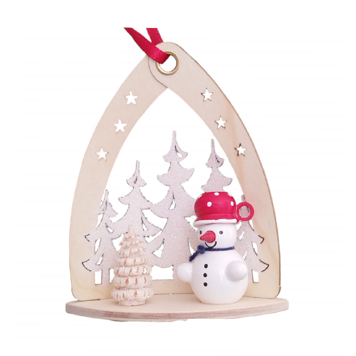 Tree hanging snowman in front of winter forest, red