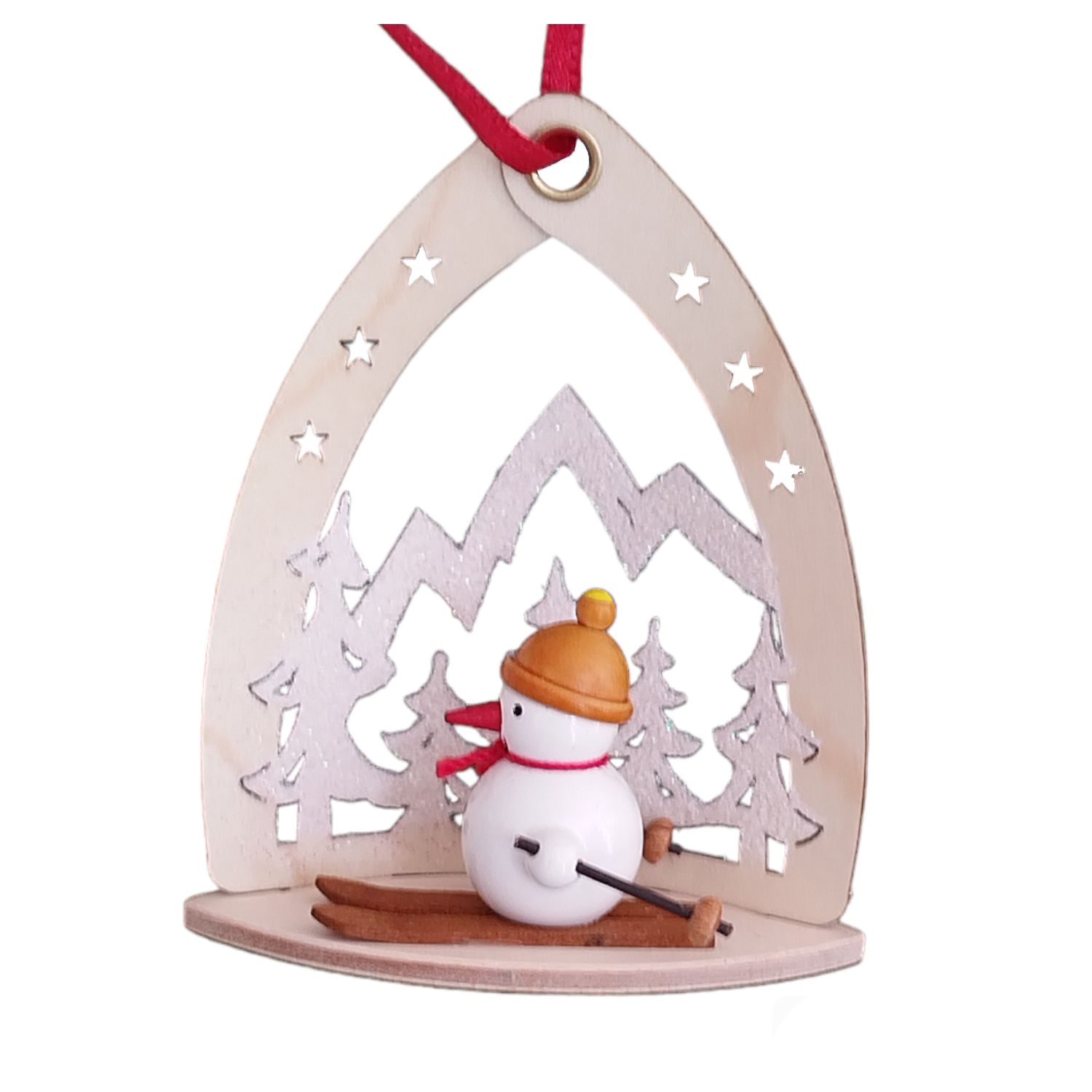 Tree hanging snowman in front of winter landscape, yellow
