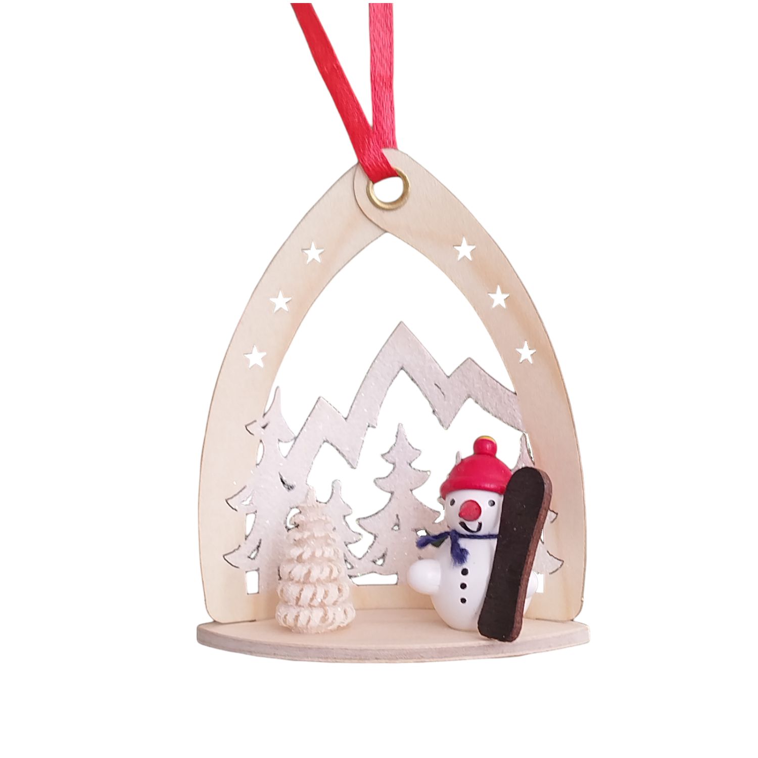 Tree hanging snowman in front of winter landscape, red
