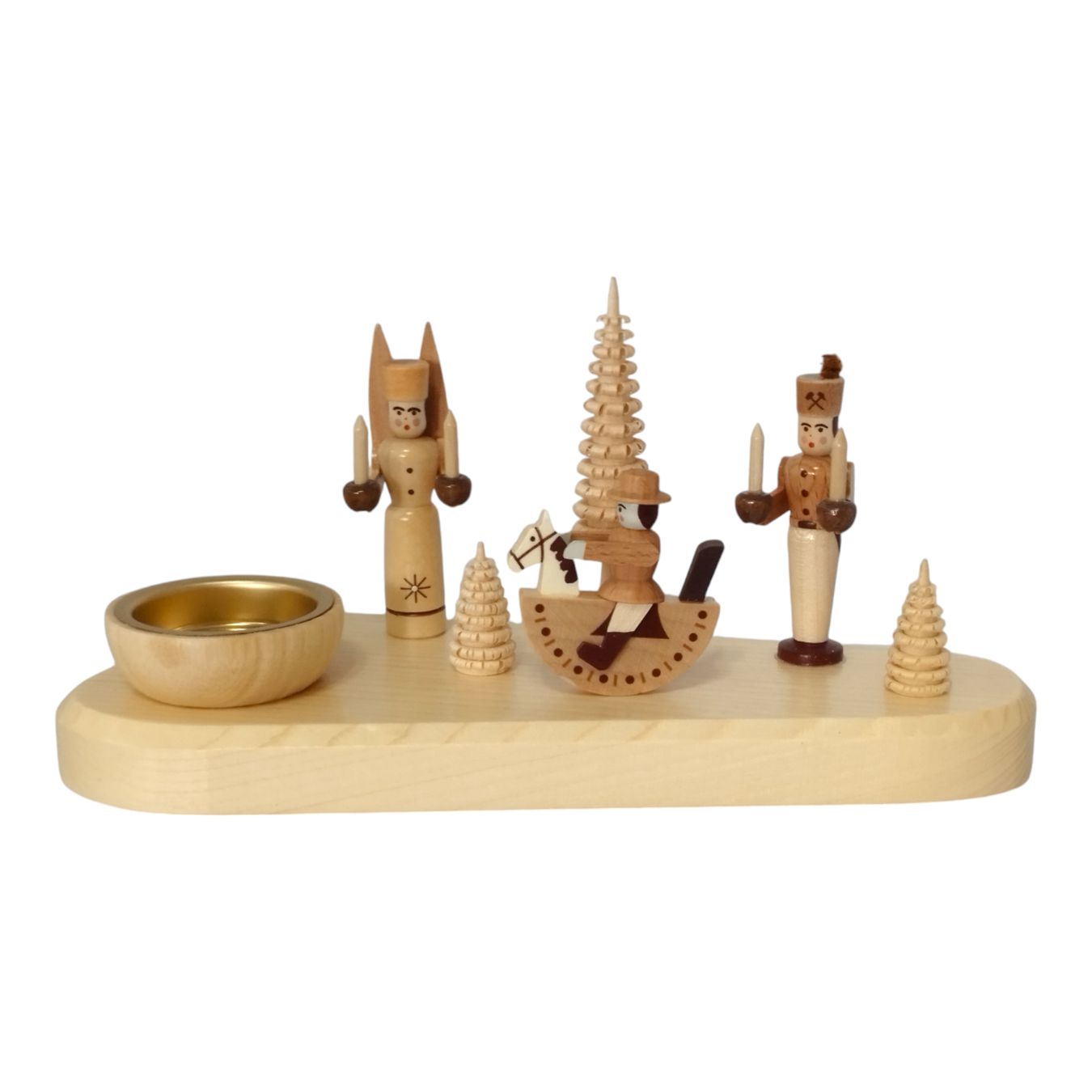 Candle holder angel and miner with rider, natural