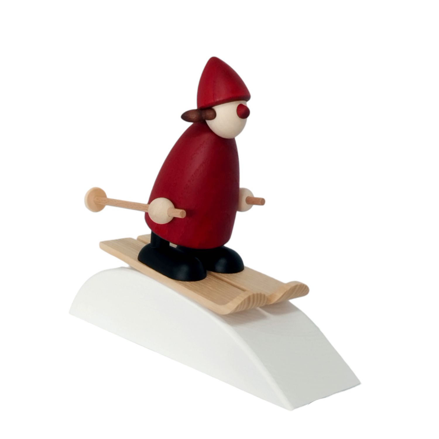 Santa woman on skis with snow hill
