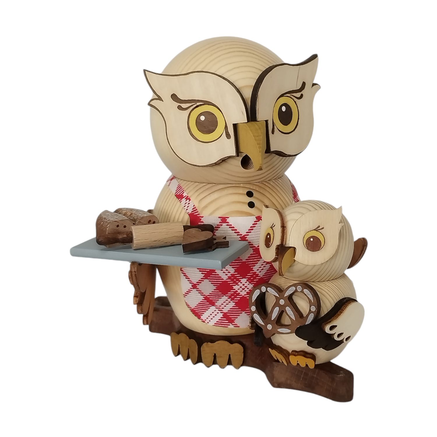 Smoking figure owl Christmas bakery with child