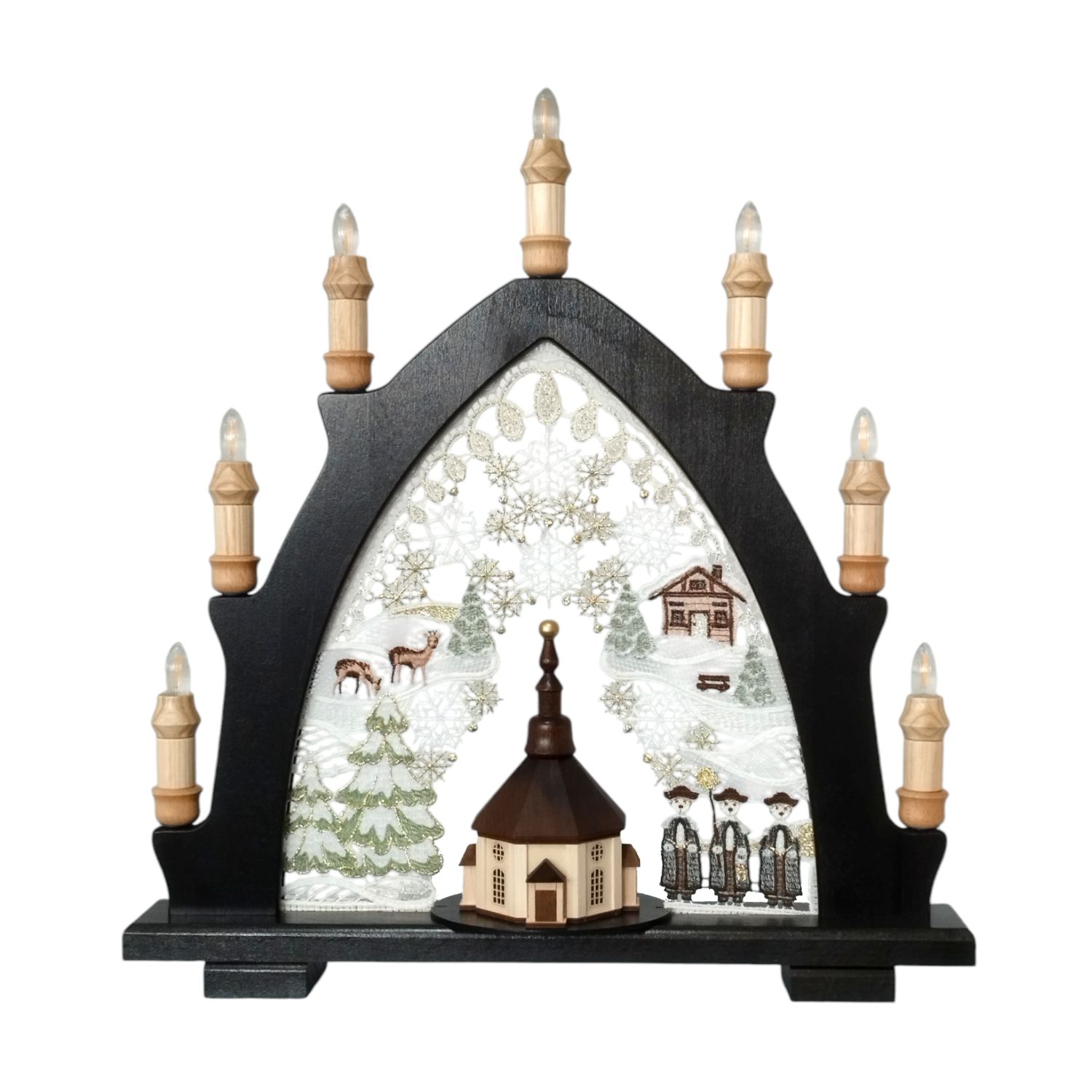 Candle arch Seiffen church brown, with Plauen lace