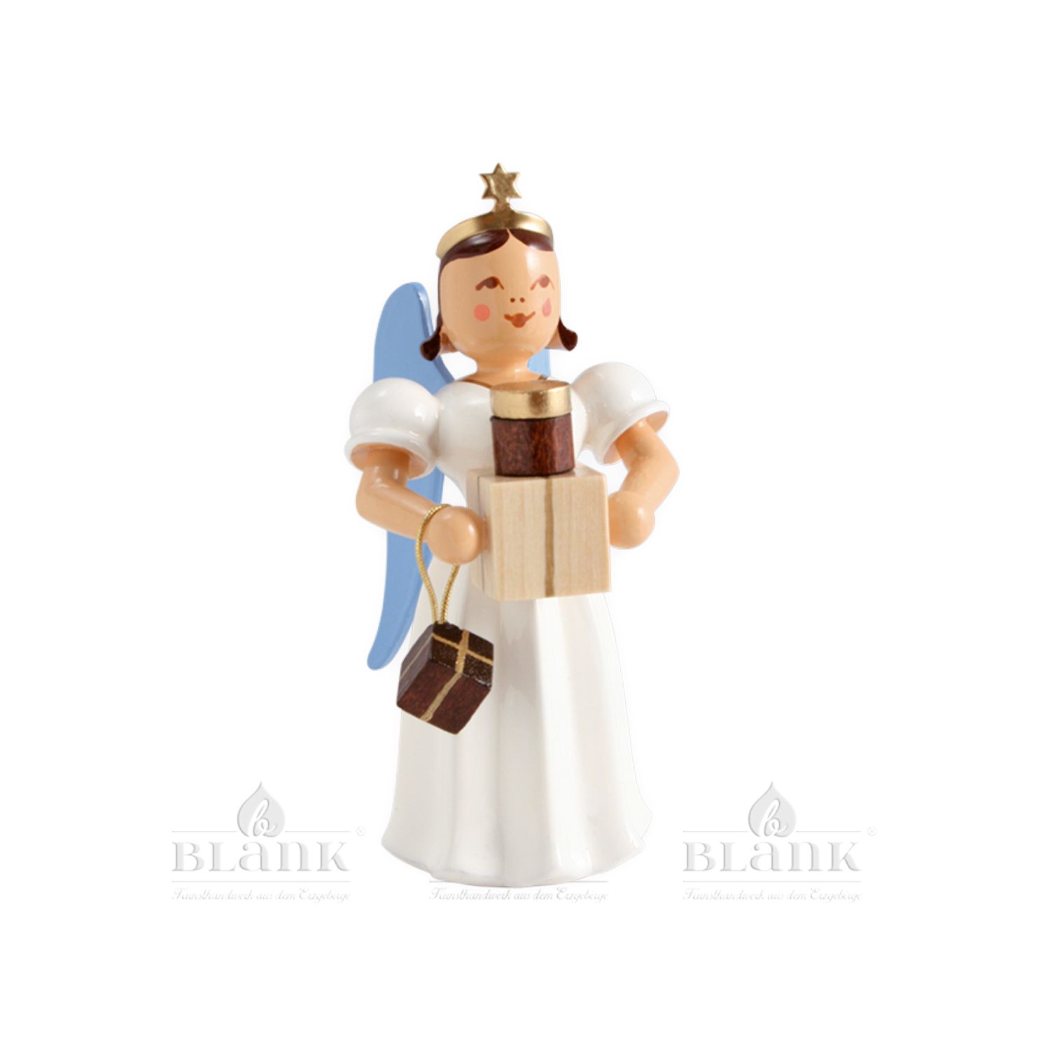 Angel with long pleated skirt and gifts, colored