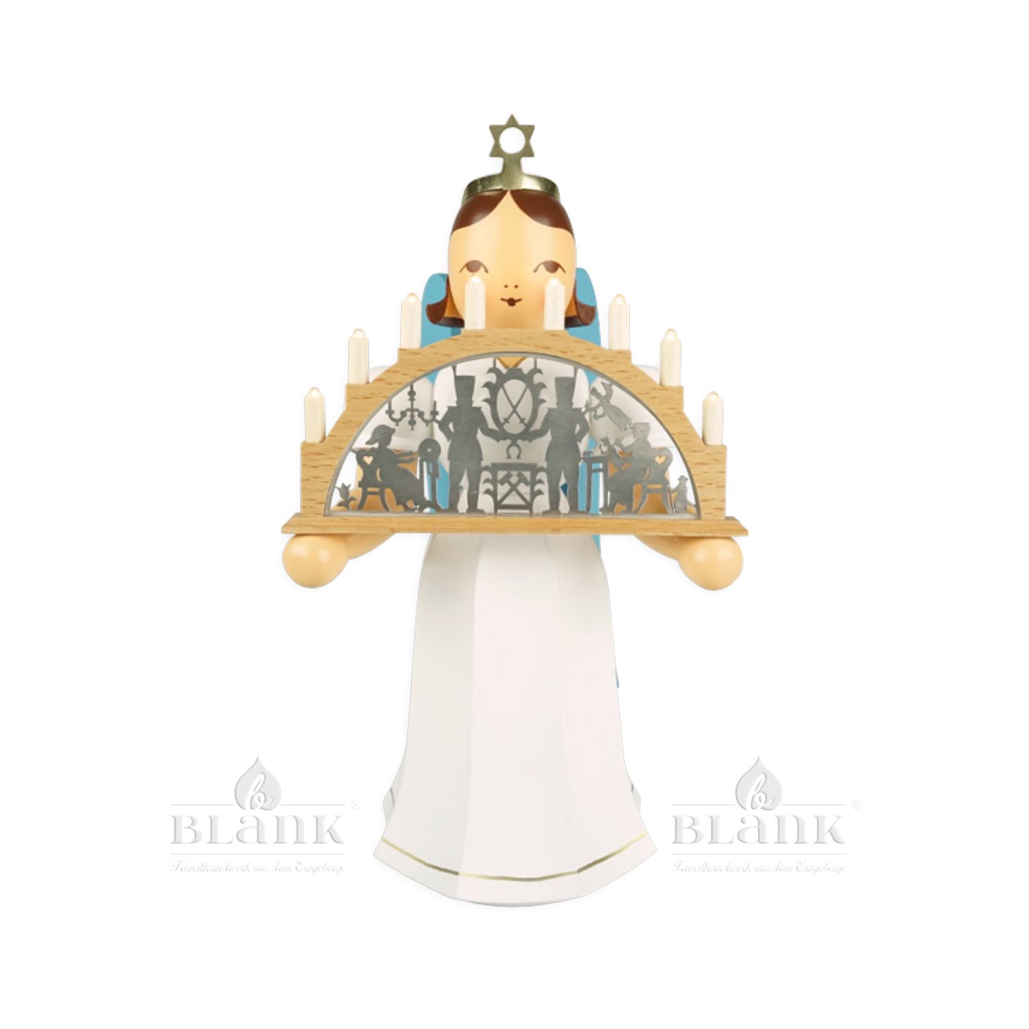 Angel with long pleated skirt and candle arch colored, electric