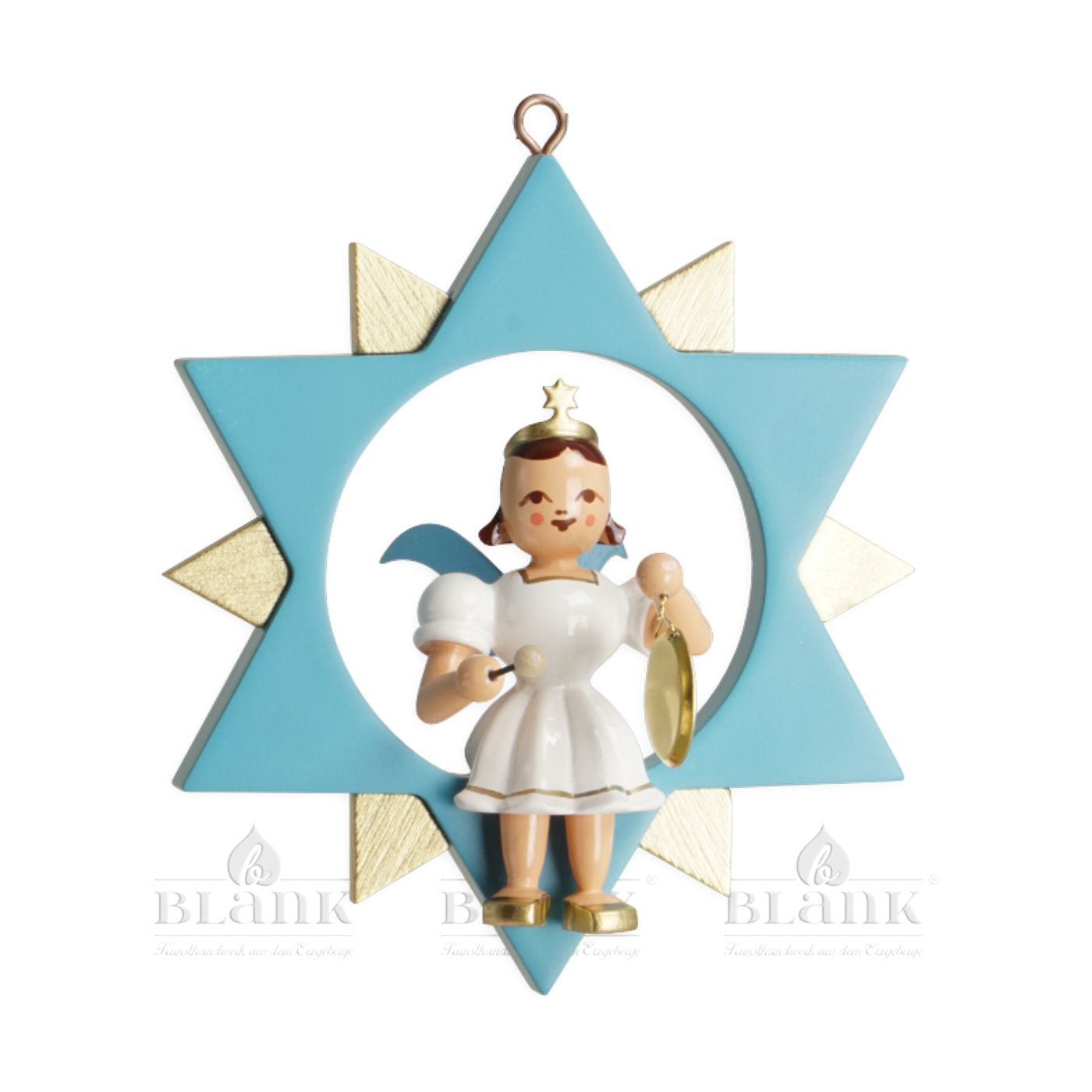 Short-skirted angel in star with gong, colored