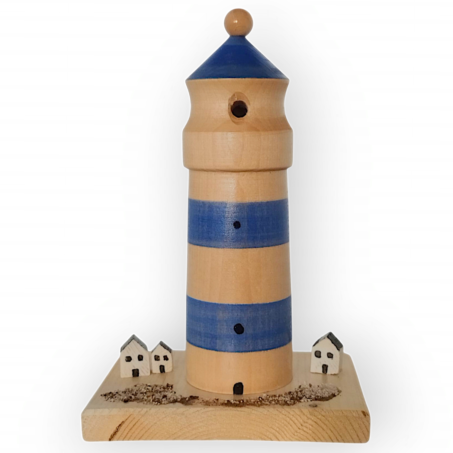 Smoking figure lighthouse with houses, blue