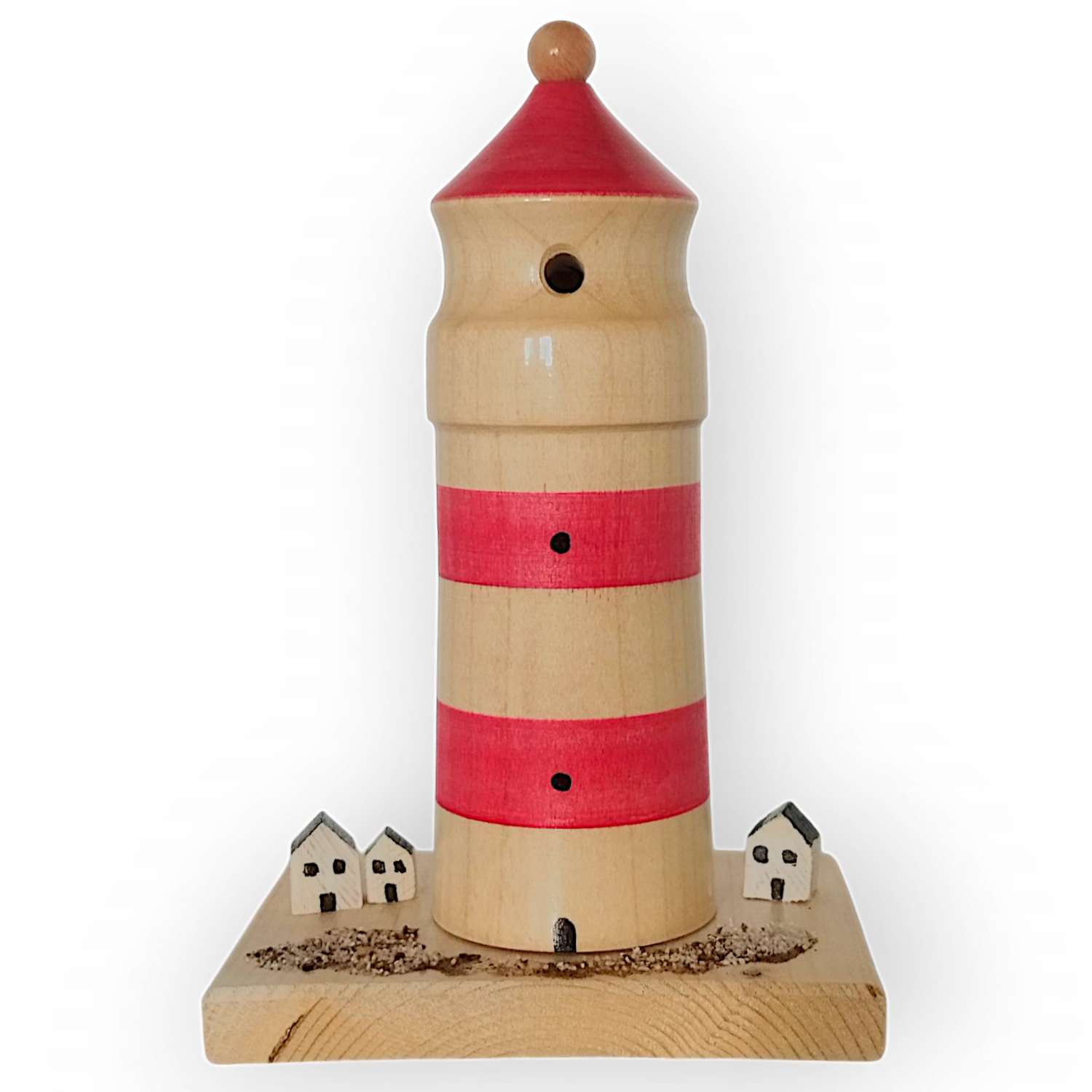 Smoking figure lighthouse with houses, red