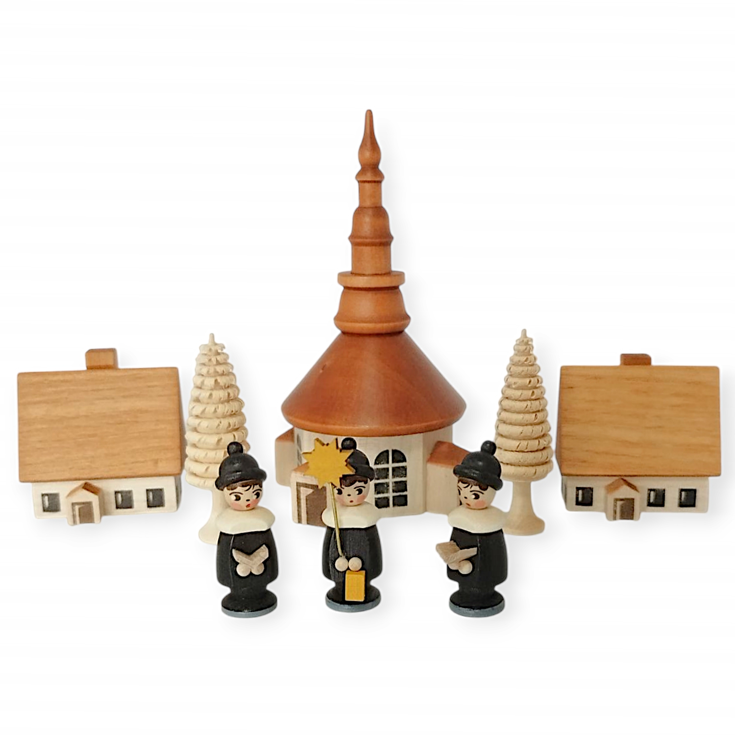 Figure set Seiffen church with house and carolers, 8 pieces.