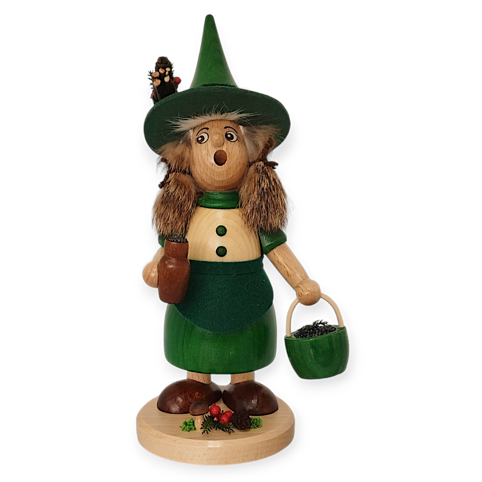Smoking figure gnome woman blueberry collector, green