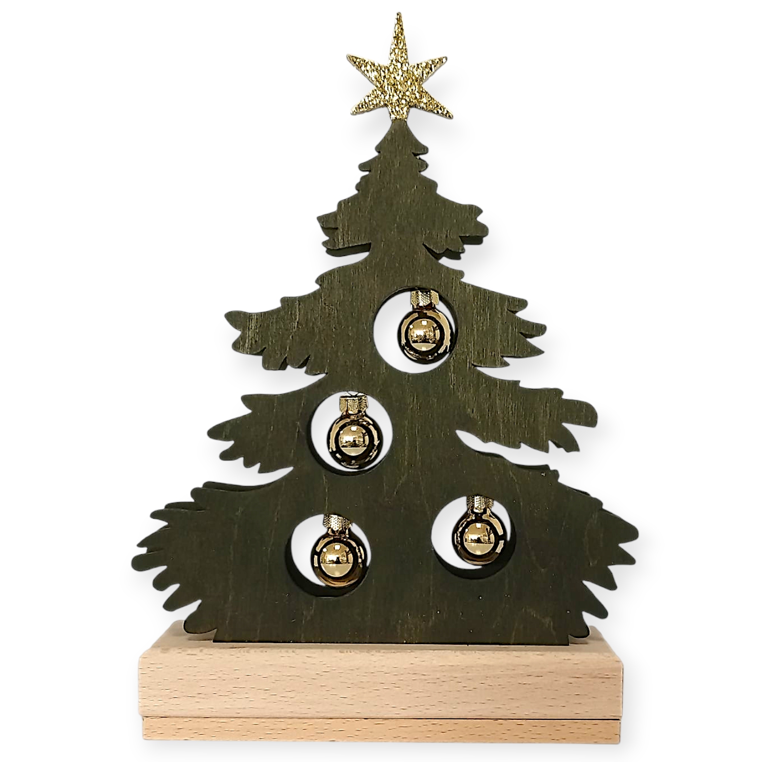 Light fir tree green stained with golden balls, small