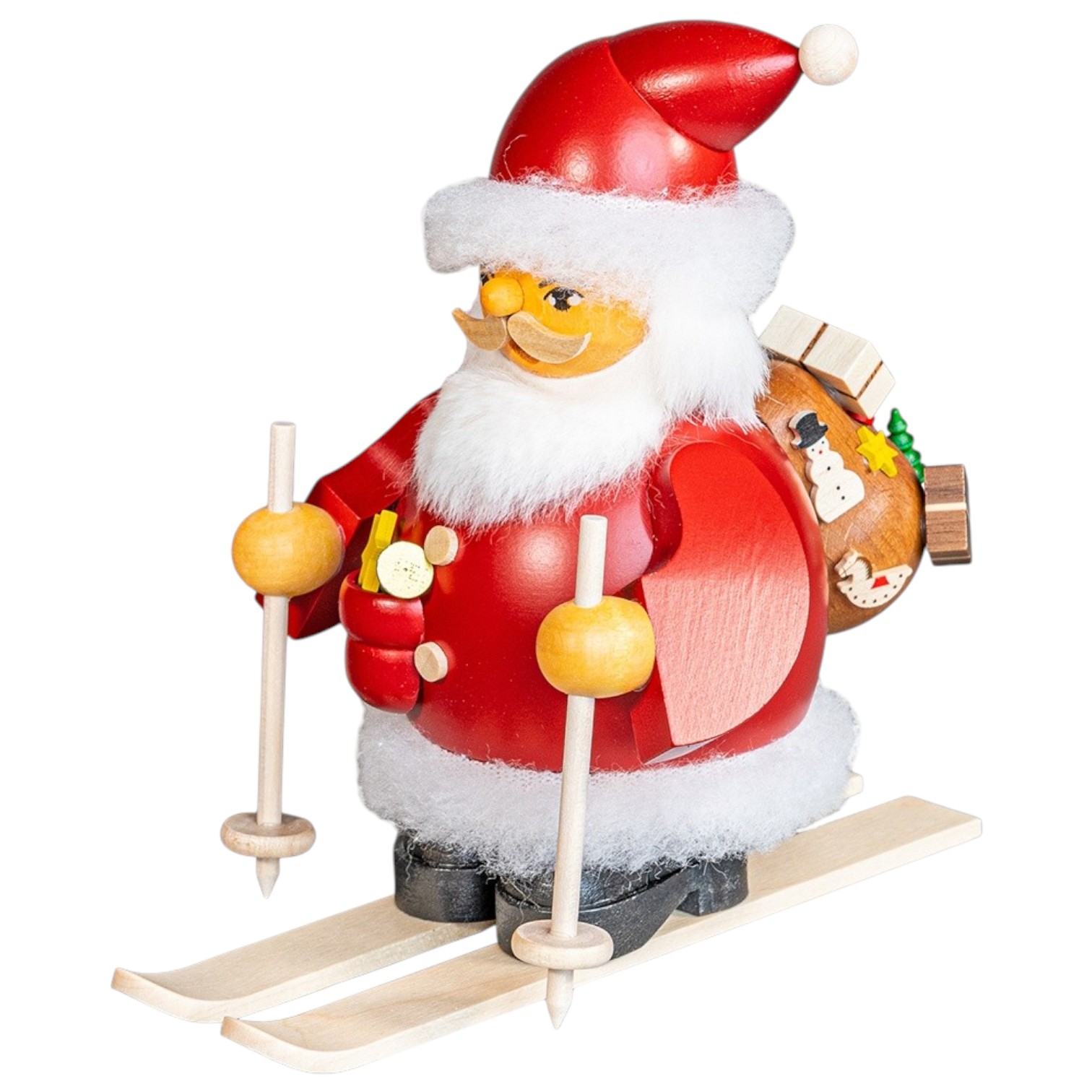 Smoking man Santa Claus on skis, small