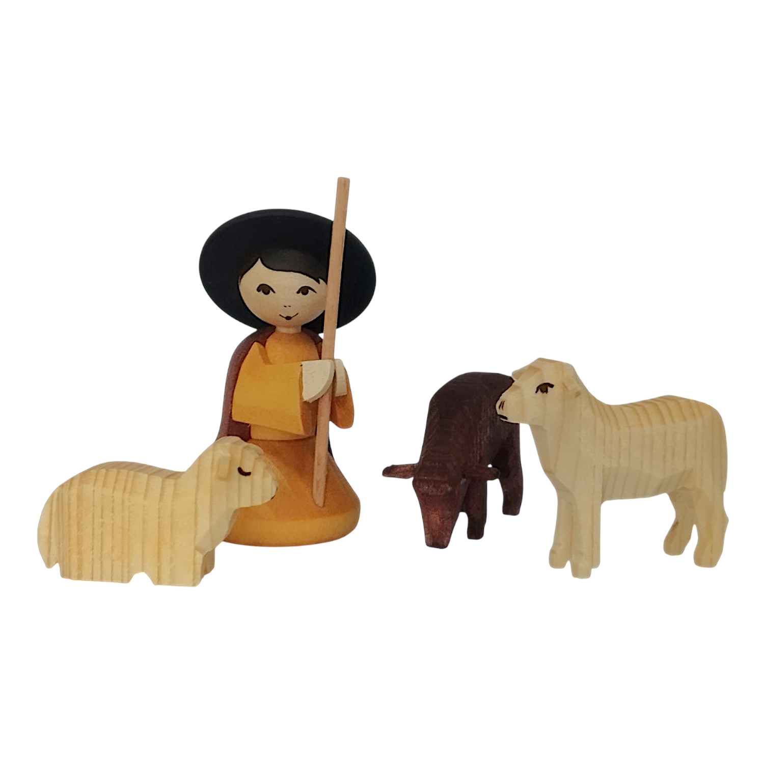 Shepherd with 3 sheep, stained