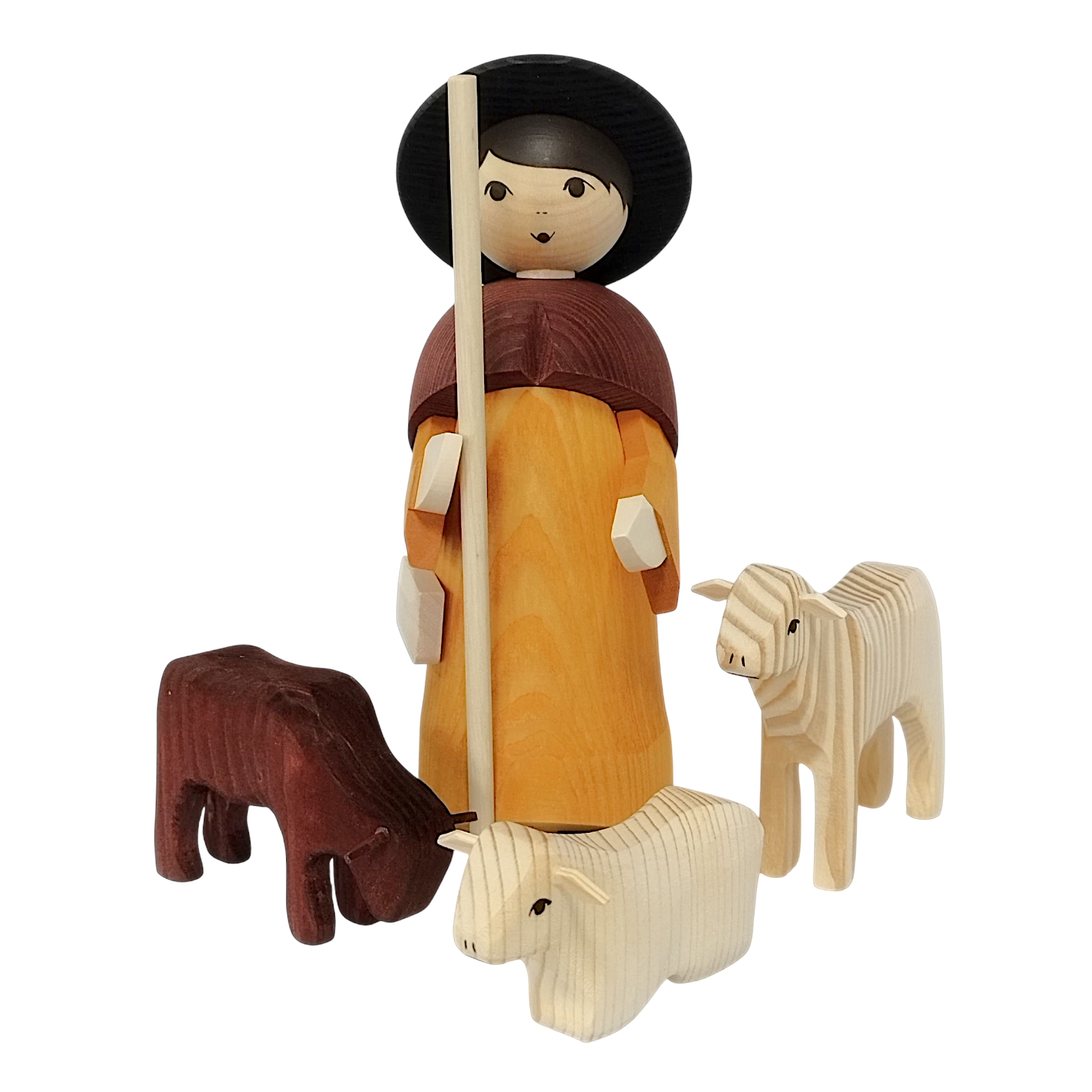 Shepherd with 3 sheep, stained 22cm