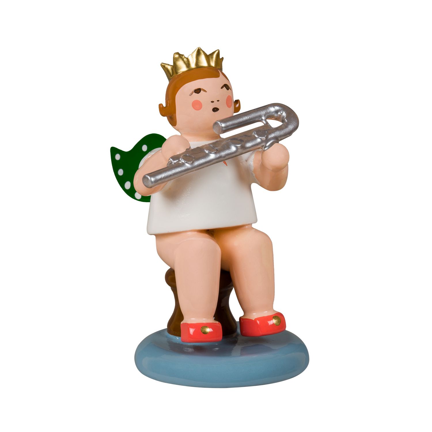 Angel sitting with bass flute, with crown