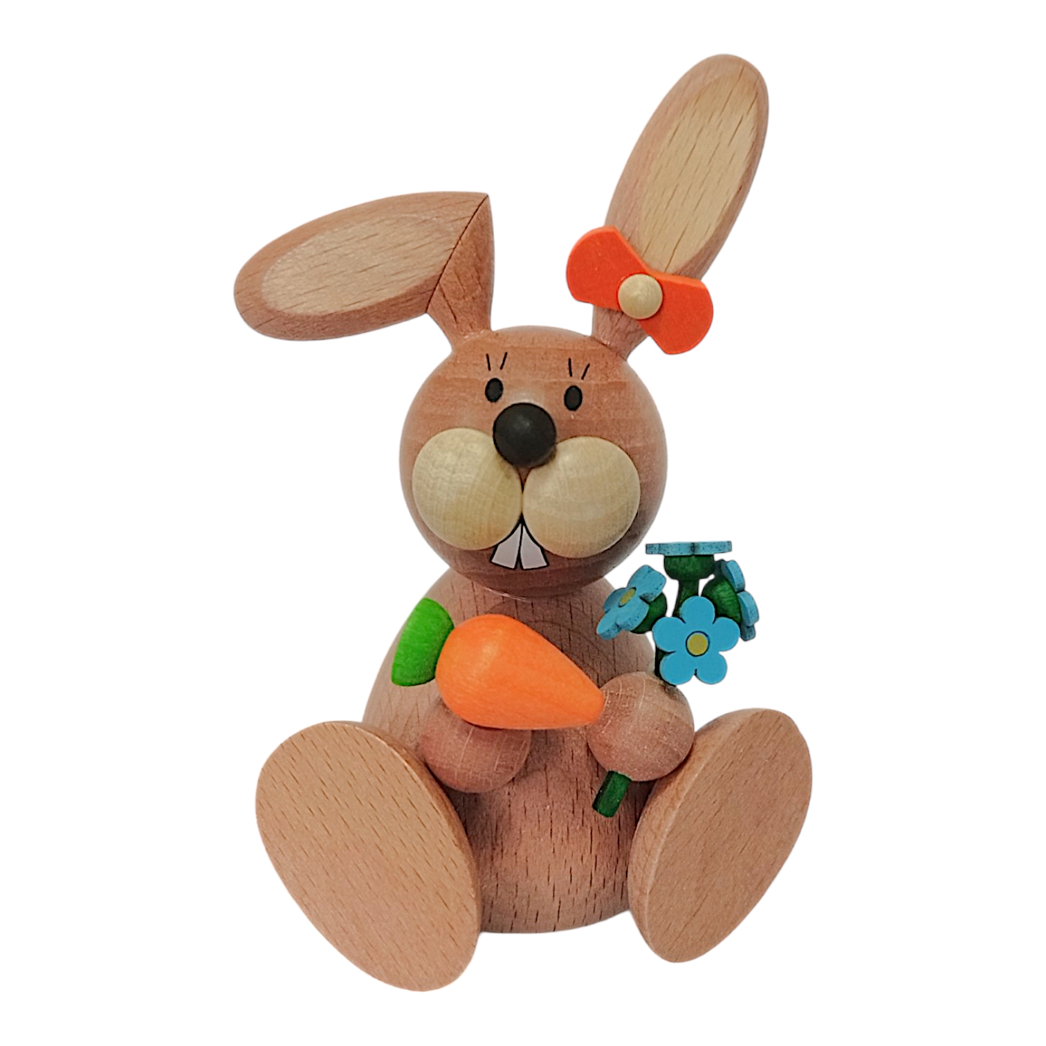 Easter bunny sitting with carrot and forget-me-not